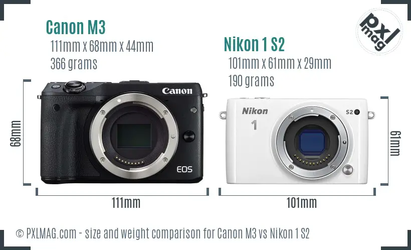 Canon M3 vs Nikon 1 S2 size comparison