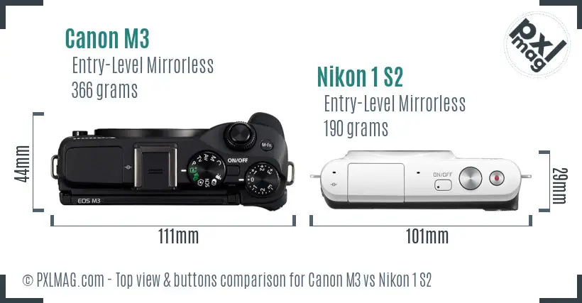 Canon M3 vs Nikon 1 S2 top view buttons comparison