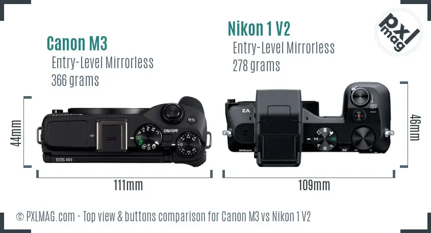 Canon M3 vs Nikon 1 V2 top view buttons comparison