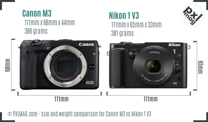 Canon M3 vs Nikon 1 V3 size comparison