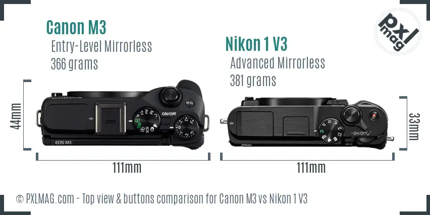 Canon M3 vs Nikon 1 V3 top view buttons comparison