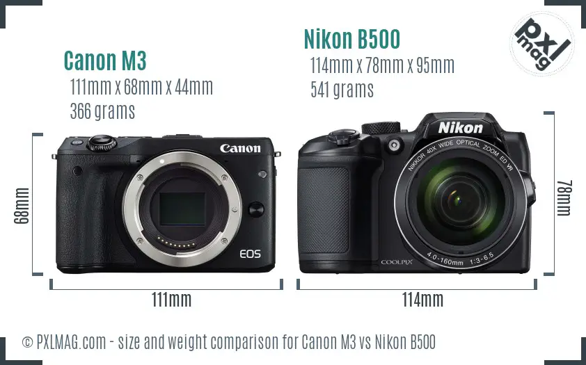 Canon M3 vs Nikon B500 size comparison