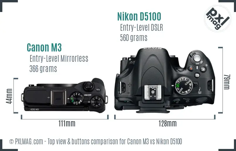 Canon M3 vs Nikon D5100 top view buttons comparison Canon M3 vs Nikon D5100 top view buttons comparison
