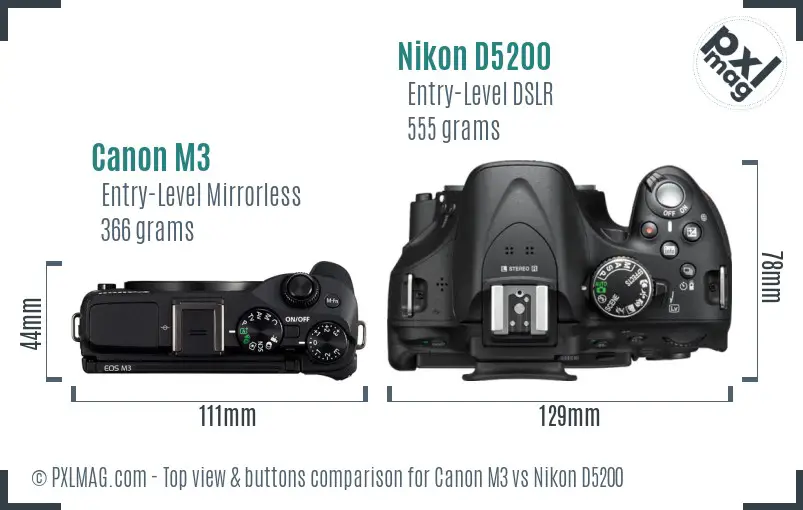 Canon M3 vs Nikon D5200 top view buttons comparison