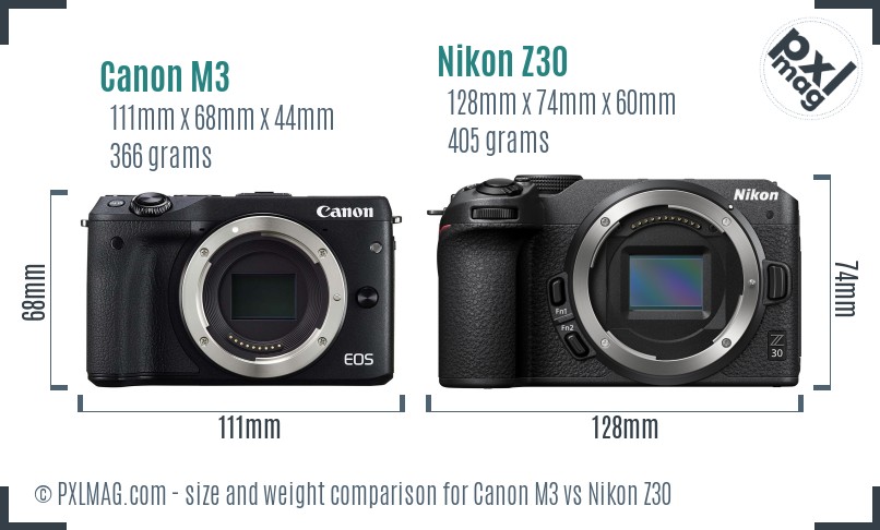 Canon M3 vs Nikon Z30 size comparison