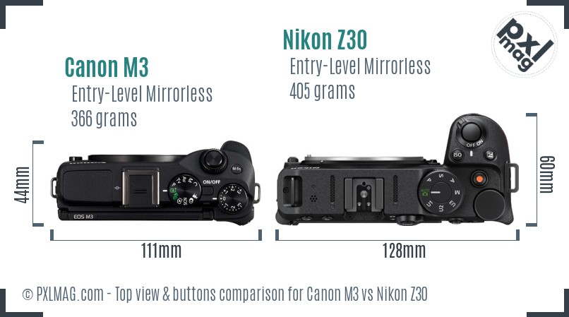 Canon M3 vs Nikon Z30 top view buttons comparison