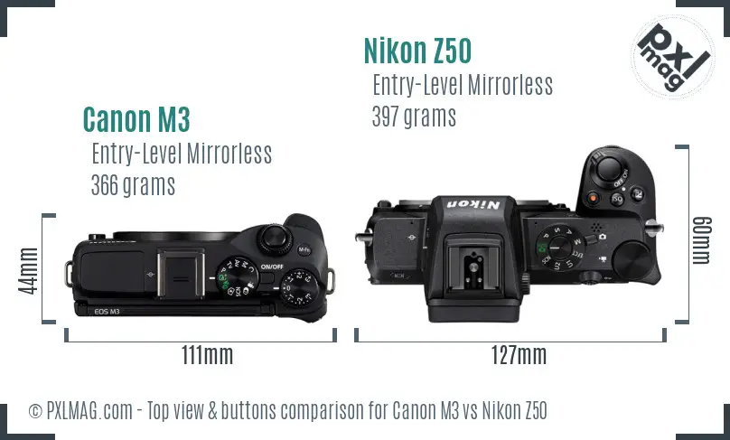 Canon M3 vs Nikon Z50 top view buttons comparison