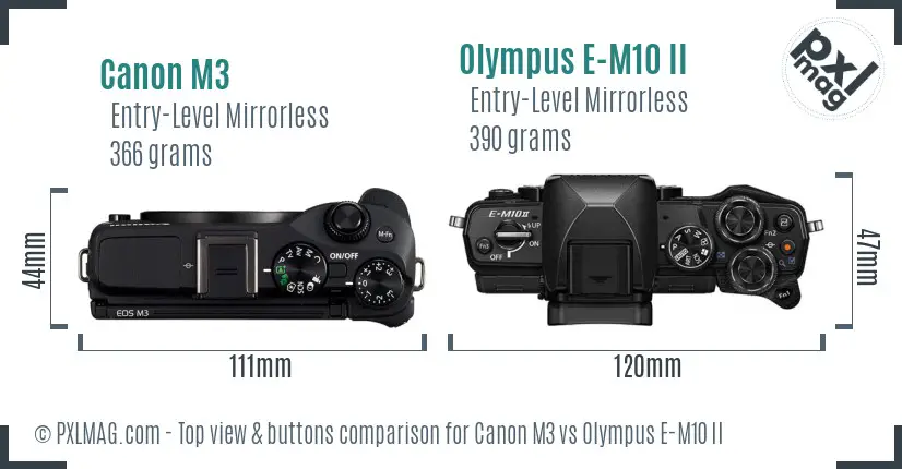 Canon M3 vs Olympus E-M10 II top view buttons comparison