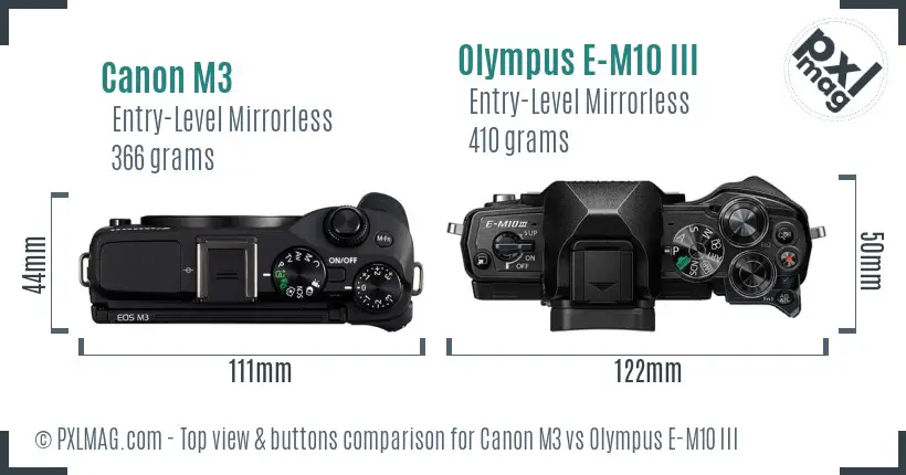 Canon M3 vs Olympus E-M10 III top view buttons comparison