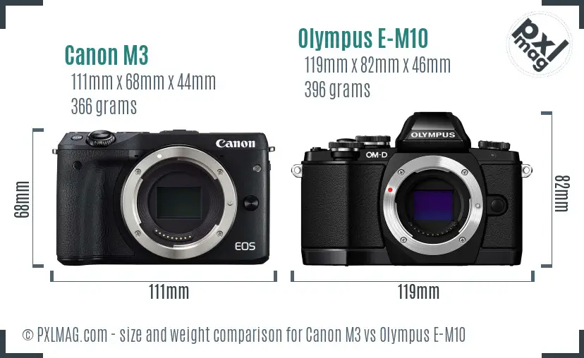 Canon M3 vs Olympus E-M10 size comparison