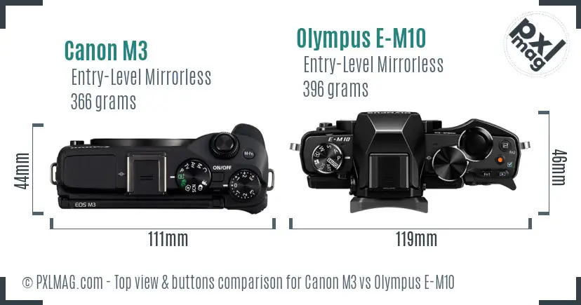 Canon M3 vs Olympus E-M10 top view buttons comparison
