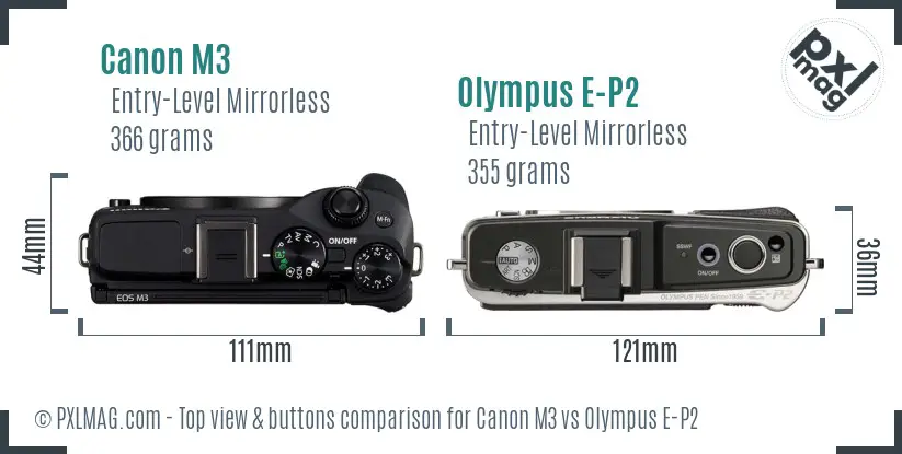 Canon M3 vs Olympus E-P2 top view buttons comparison