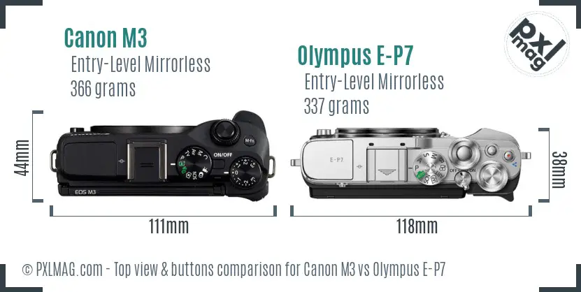 Canon M3 vs Olympus E-P7 top view buttons comparison
