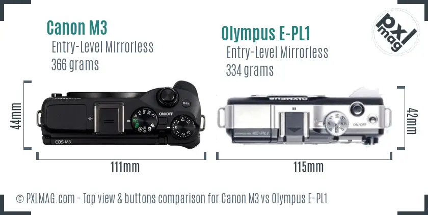 Canon M3 vs Olympus E-PL1 top view buttons comparison