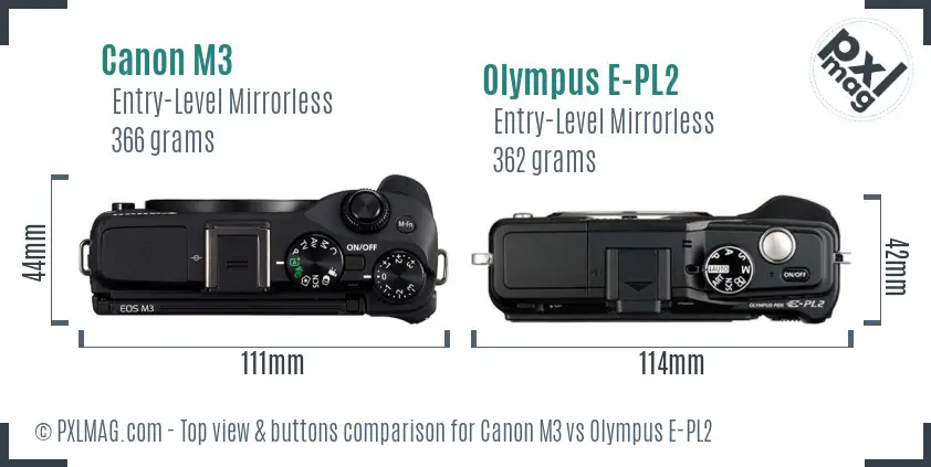 Canon M3 vs Olympus E-PL2 top view buttons comparison