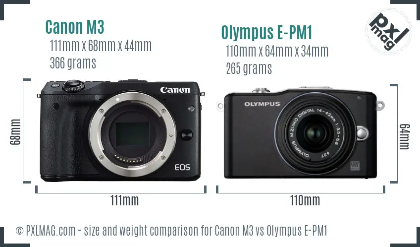 Canon M3 vs Olympus E-PM1 size comparison