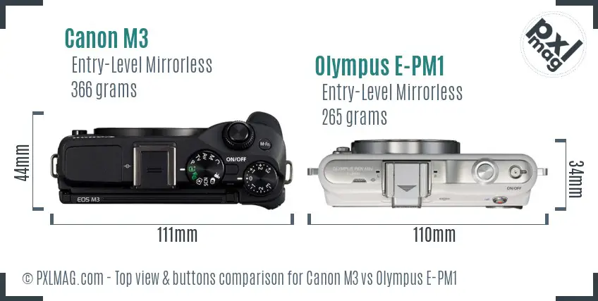 Canon M3 vs Olympus E-PM1 top view buttons comparison