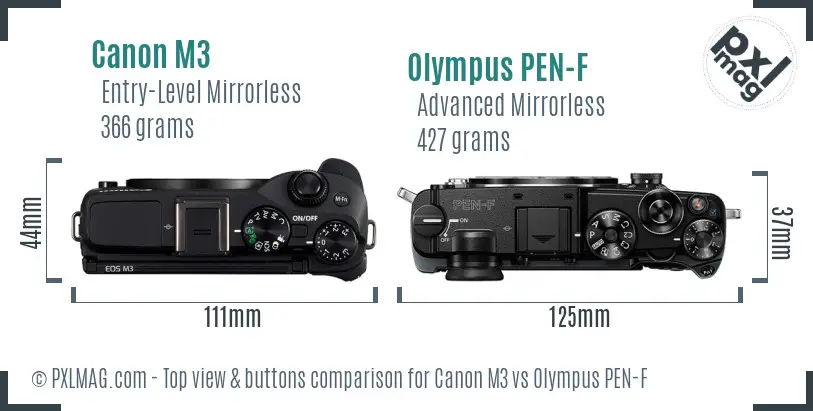 Canon M3 vs Olympus PEN-F top view buttons comparison