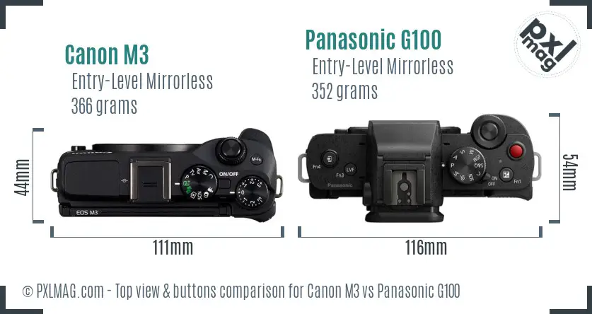 Canon M3 vs Panasonic G100 top view buttons comparison
