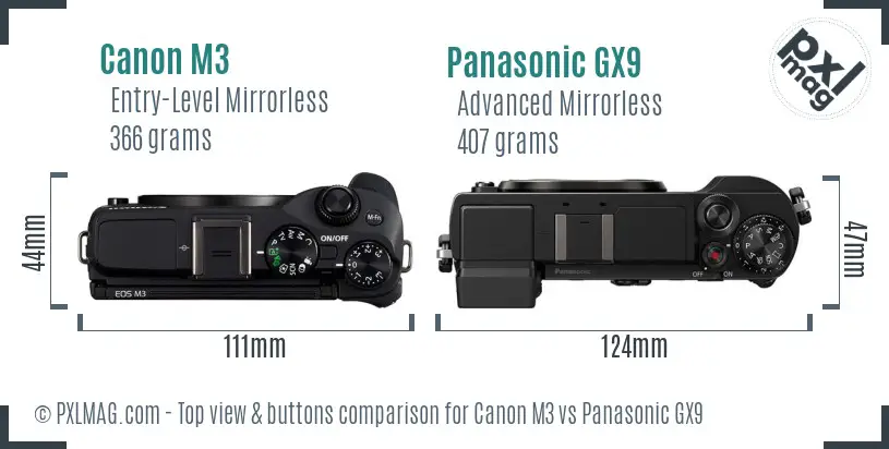 Canon M3 vs Panasonic GX9 top view buttons comparison