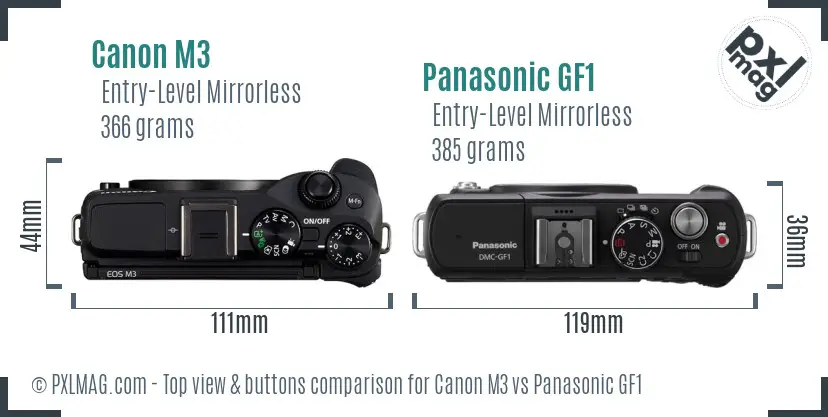 Canon M3 vs Panasonic GF1 top view buttons comparison