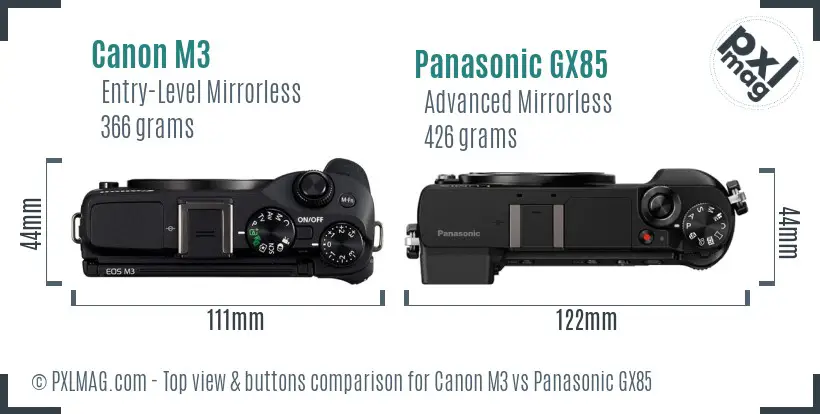 Canon M3 vs Panasonic GX85 top view buttons comparison Canon M3 vs Panasonic GX85 top view buttons comparison