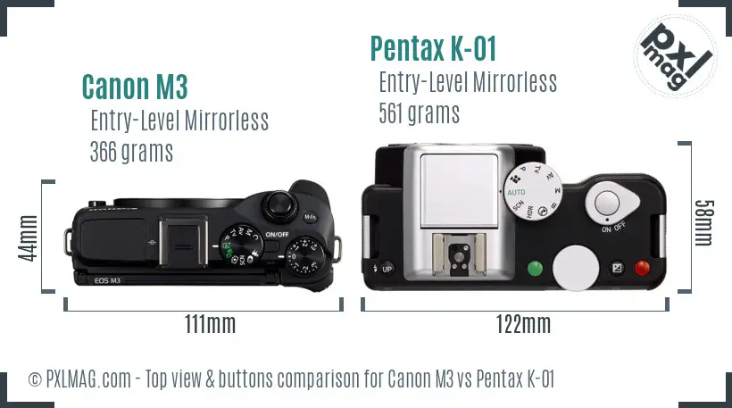 Canon M3 vs Pentax K-01 top view buttons comparison