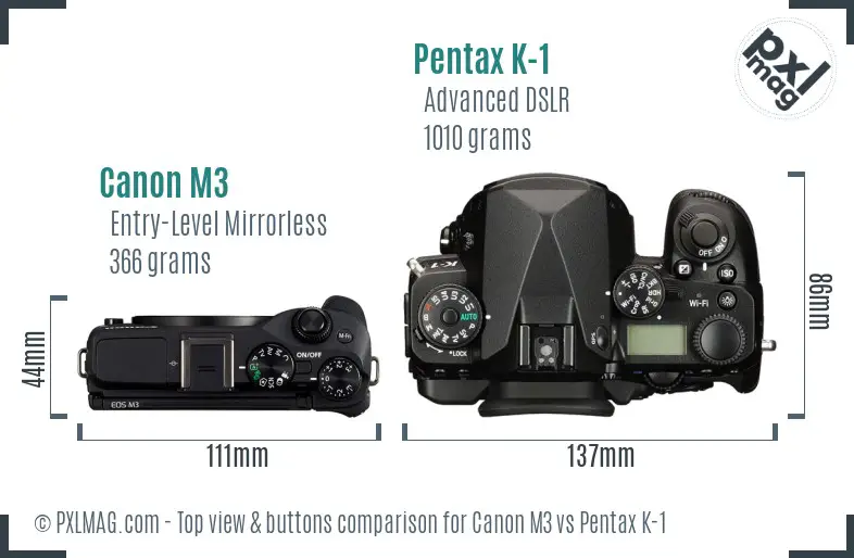 Canon M3 vs Pentax K-1 top view buttons comparison