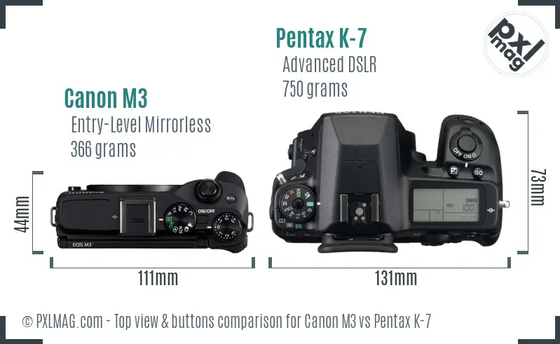 Canon M3 vs Pentax K-7 top view buttons comparison