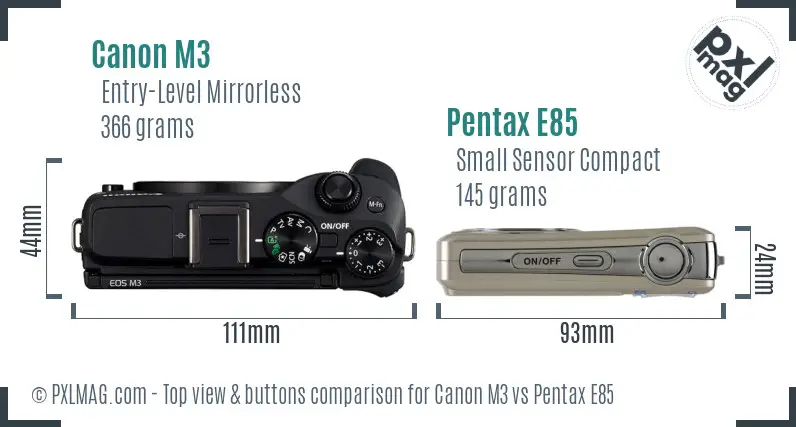 Canon M3 vs Pentax E85 top view buttons comparison