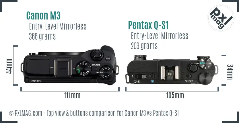 Canon M3 vs Pentax Q-S1 top view buttons comparison