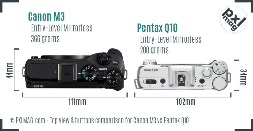 Canon M3 vs Pentax Q10 top view buttons comparison