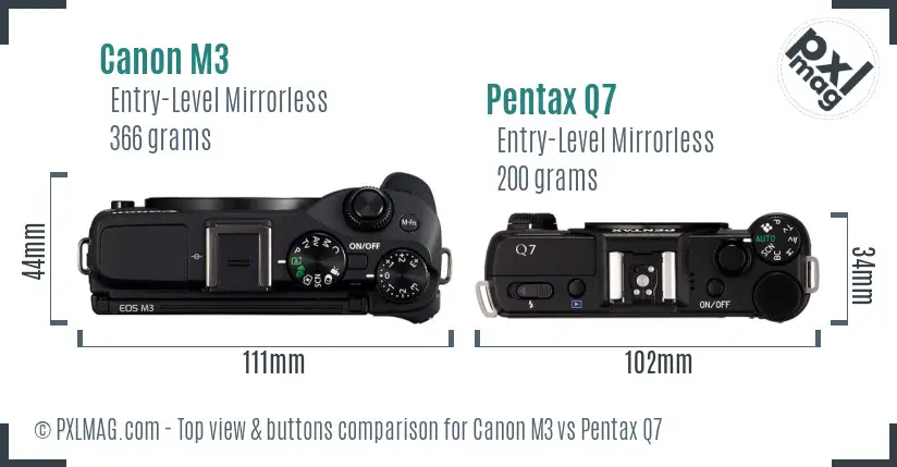 Canon M3 vs Pentax Q7 top view buttons comparison