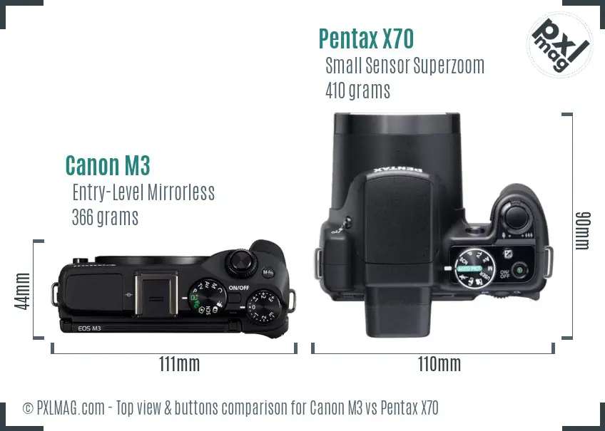 Canon M3 vs Pentax X70 top view buttons comparison