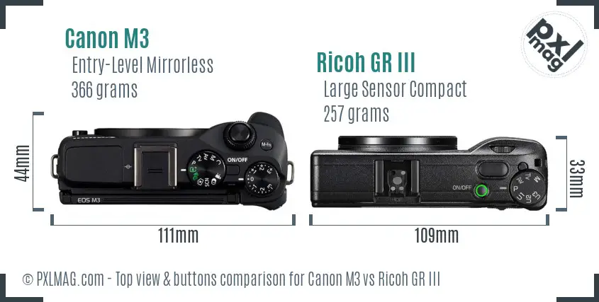 Canon M3 vs Ricoh GR III top view buttons comparison
