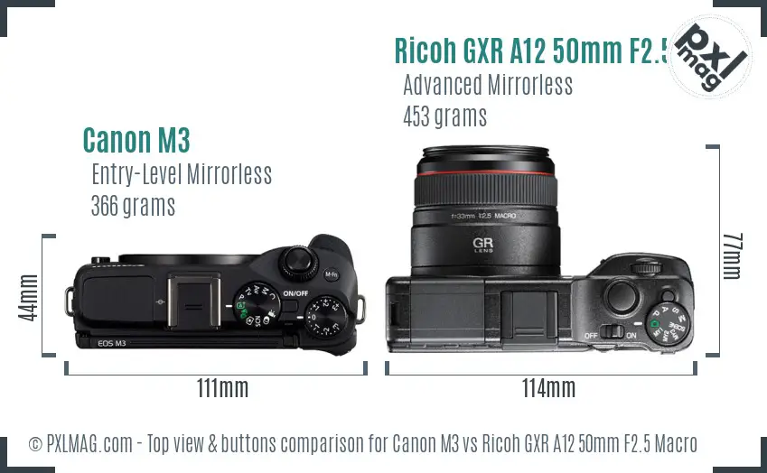 Canon M3 vs Ricoh GXR A12 50mm F2.5 Macro top view buttons comparison