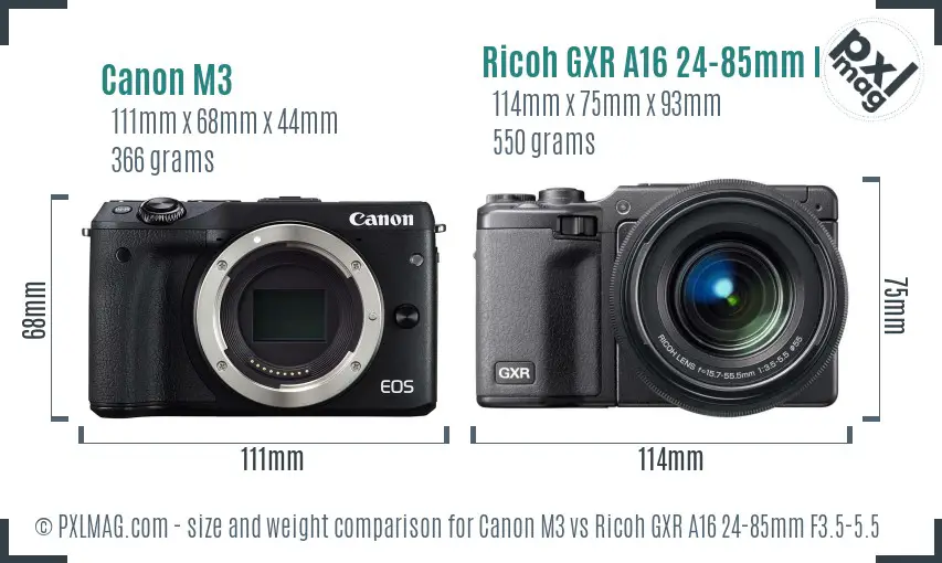 Canon M3 vs Ricoh GXR A16 24-85mm F3.5-5.5 size comparison