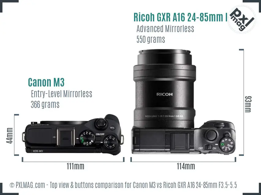 Canon M3 vs Ricoh GXR A16 24-85mm F3.5-5.5 top view buttons comparison