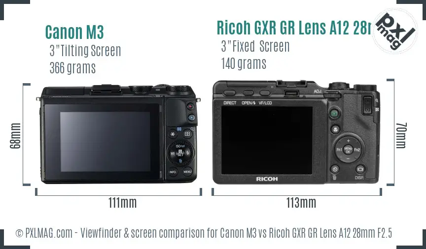 Canon M3 vs Ricoh GXR GR Lens A12 28mm F2.5 Screen and Viewfinder comparison