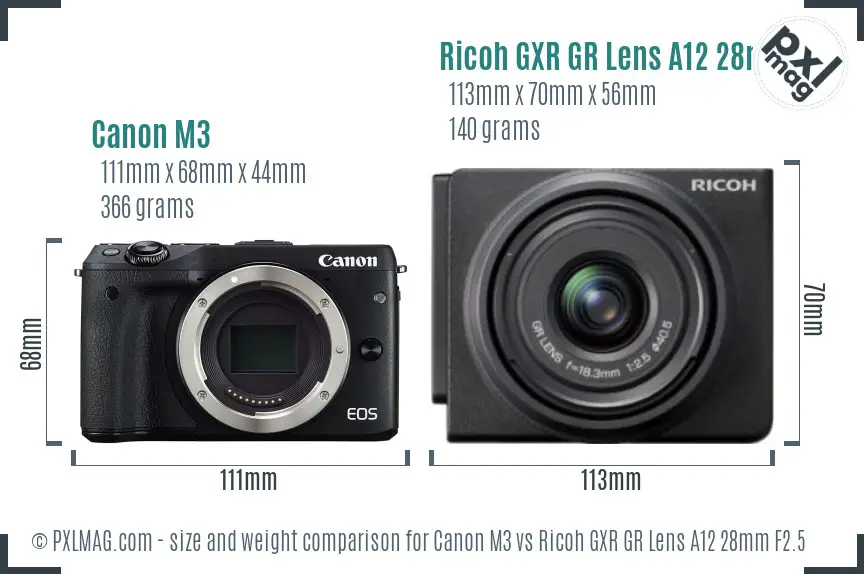 Canon M3 vs Ricoh GXR GR Lens A12 28mm F2.5 size comparison