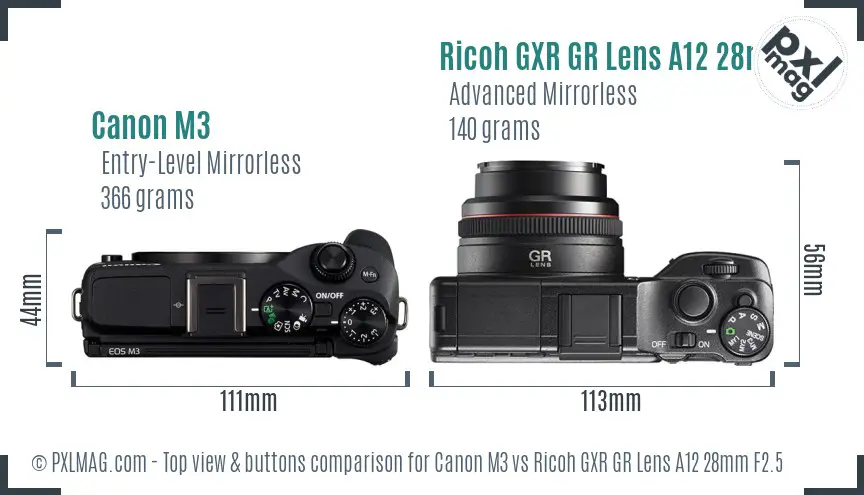 Canon M3 vs Ricoh GXR GR Lens A12 28mm F2.5 top view buttons comparison