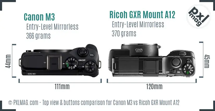 Canon M3 vs Ricoh GXR Mount A12 top view buttons comparison