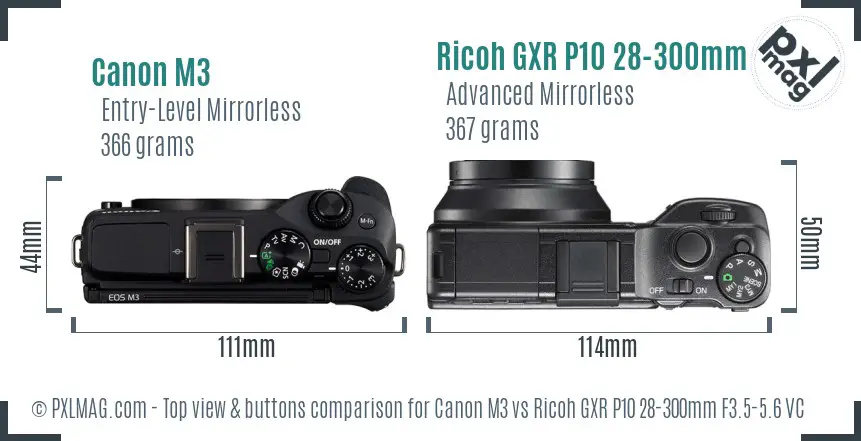 Canon M3 vs Ricoh GXR P10 28-300mm F3.5-5.6 VC top view buttons comparison
