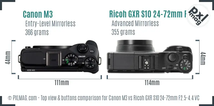 Canon M3 vs Ricoh GXR S10 24-72mm F2.5-4.4 VC top view buttons comparison