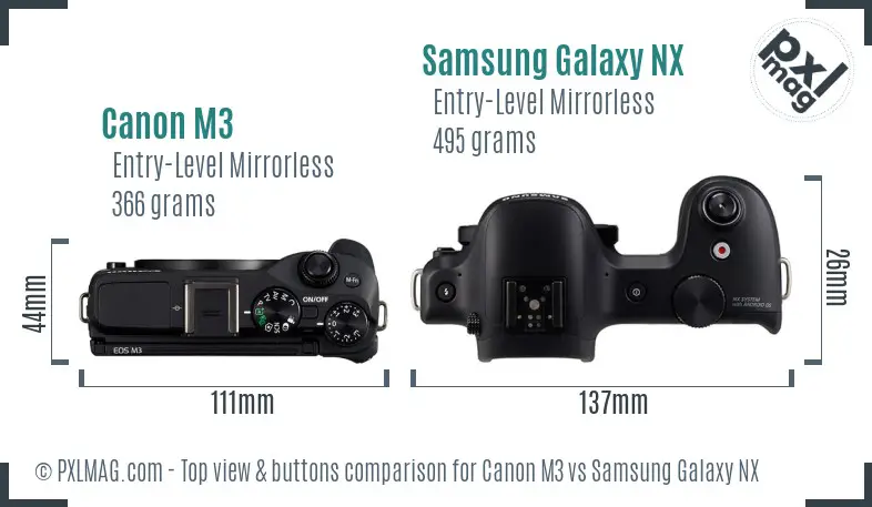 Canon M3 vs Samsung Galaxy NX top view buttons comparison Canon M3 vs Samsung Galaxy NX top view buttons comparison