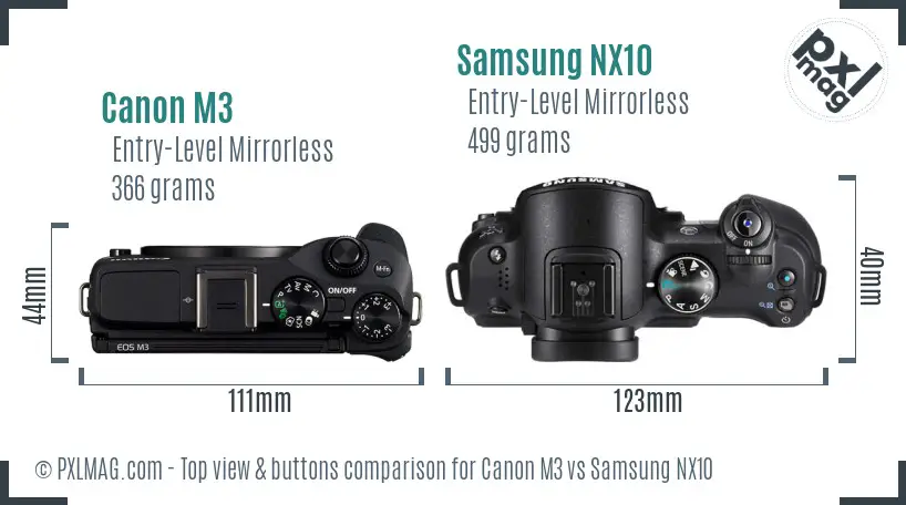 Canon M3 vs Samsung NX10 top view buttons comparison