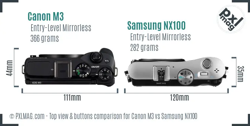 Canon M3 vs Samsung NX100 top view buttons comparison