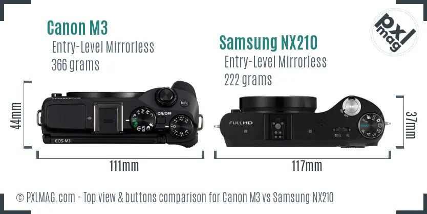 Canon M3 vs Samsung NX210 top view buttons comparison Canon M3 vs Samsung NX210 top view buttons comparison