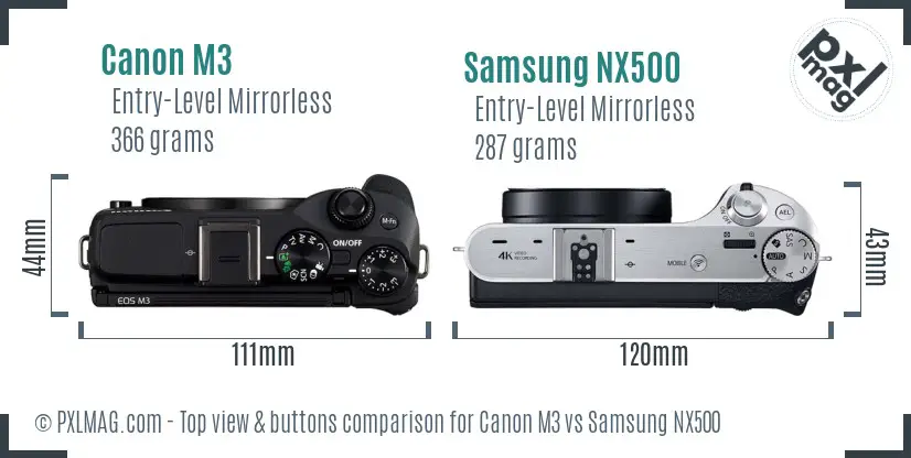 Canon M3 vs Samsung NX500 top view buttons comparison