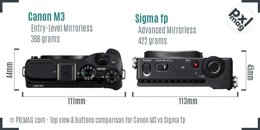 Canon M3 vs Sigma fp top view buttons comparison